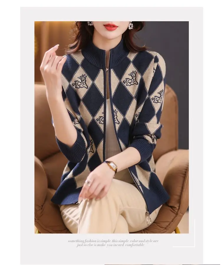 Women's Korean Vintage Plaid Sweaters Cardigan Autumn Winter Casual All-match Stand Collar Zipper Knitted Tops Female Clothing