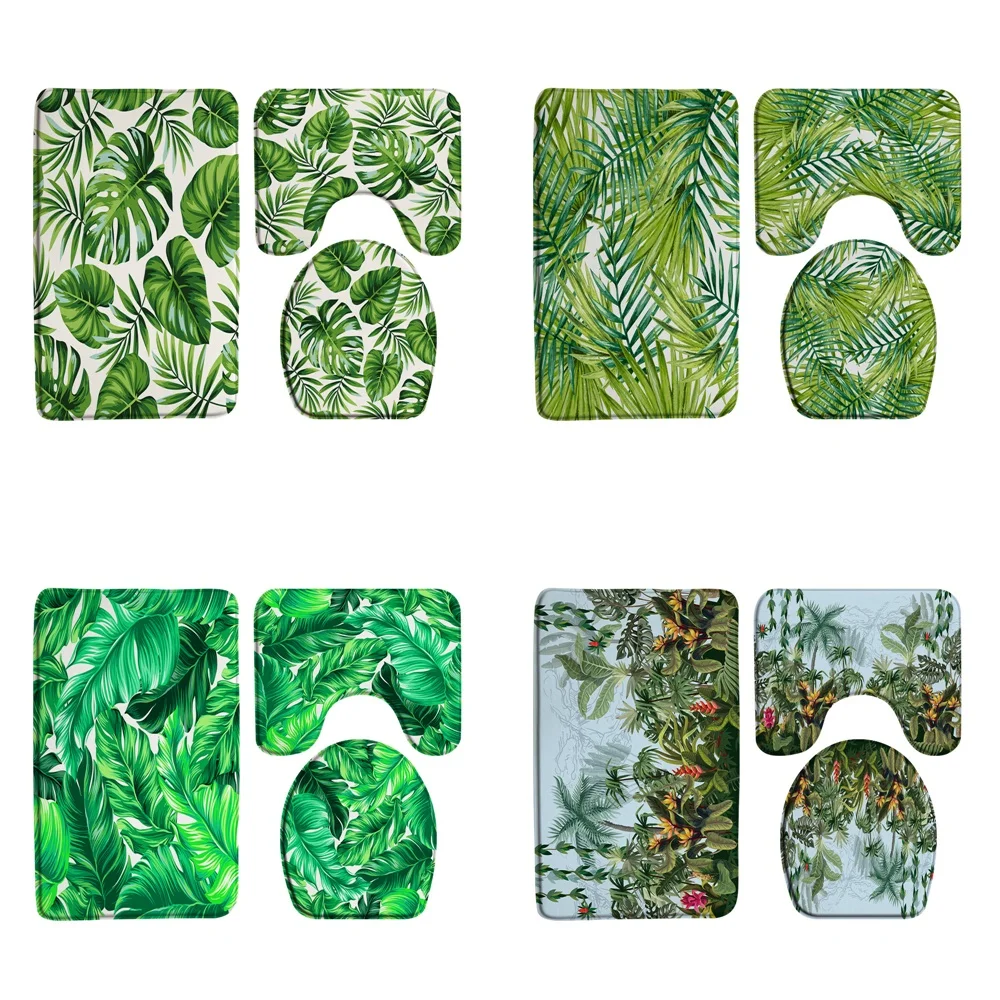 

Tropical Green Leaves Jungle Bathroom Rug Set Non-Slip Plant Rainforest Bath Mat Carpet Toilet Lid Cover Flannel Floor Doormat