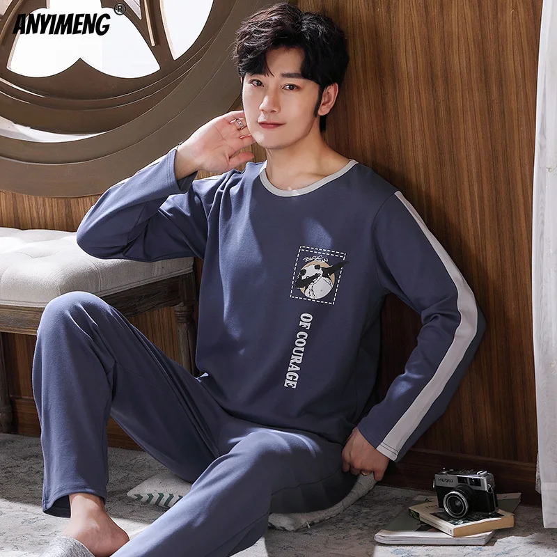 Blue Pajama Set for Men Autumn Winter New Soft Cotton Pijama for Man