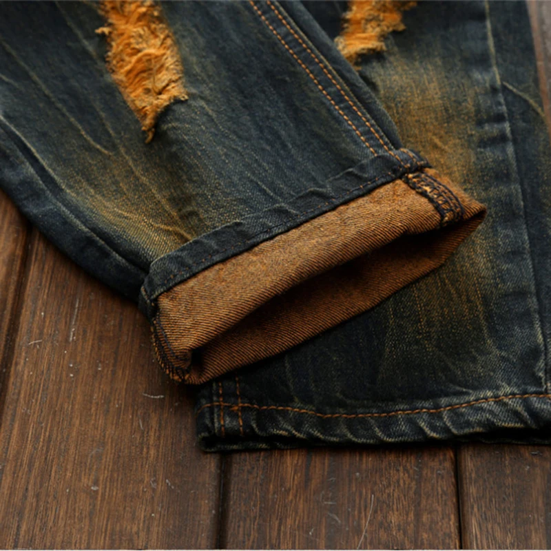 Men Ruined Denim Jeans Hole Trousers Ripped Large Size Straight Hip Hop High Street Fashion Male Pants men jeans,ripped jeans,ripped patchwork jeans
