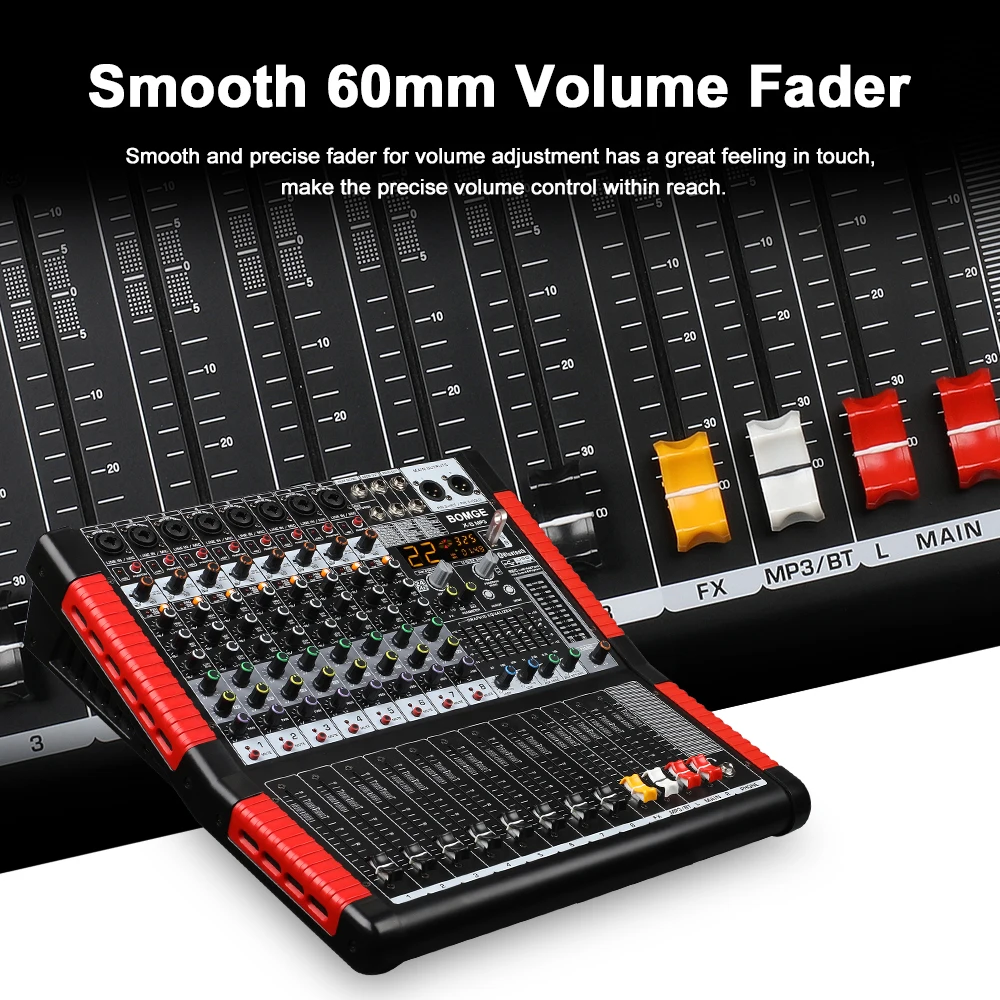 BOMGE Professional 8 Channel Audio Mixer Sound Board Mixing Console USB MP3 Bluetooth Input 48V Phantom Power 24 FX DSP For PC