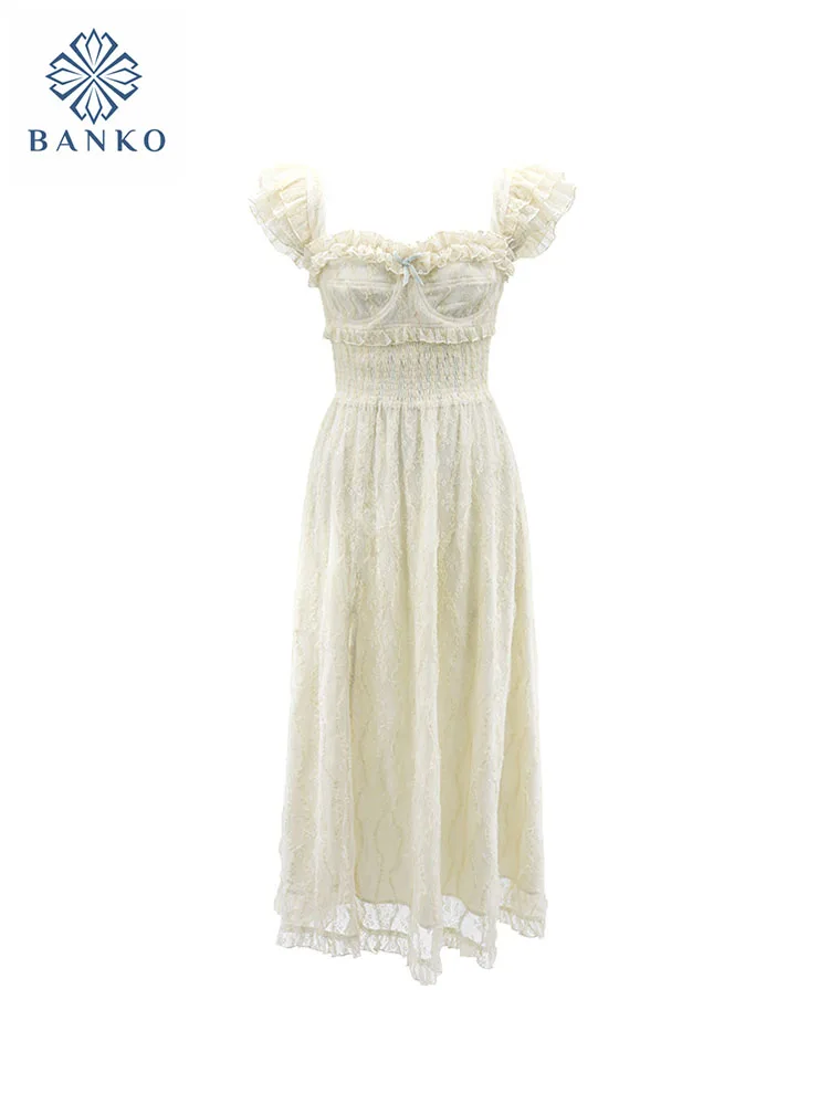 

French Elegance Beige Flying Sleeve A-Line Fairy Dress Women Square Collar Lace One-Piece Frocks Summer 2024 Mori Girl Design