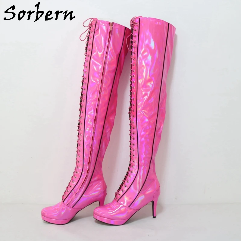 

Sorbern Holo Hot Pink Kinky Boots Mid Thigh High Heel Women Size Eu33-48 Custom Wide Or Slim Fit Male Shoe Unisex Boot