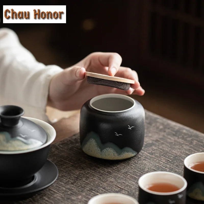 230ml Japanese Style Distant Hills Coarse Ceramic Tea Can Sealed Box Ceramic Mini Portable Moisture Proof Storage Pot Tea Items