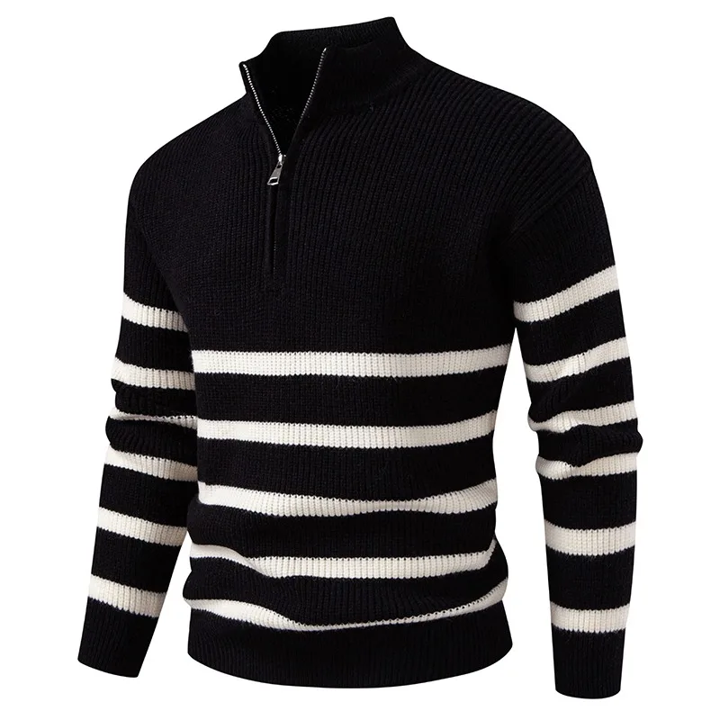 Autumn Men's Zipper Pullover Sweaters Long Sleeve Solid Color Stripe Polo Sweater Casual Knitted Winter Outdoor Warm Thick Coats