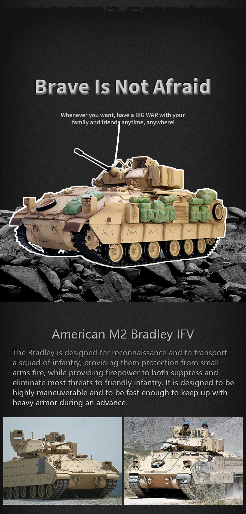 COOLBANK Model Bladeli M2A2 1/16 2.4G RC Main Battle Tank Smoke Sound Recoil Shooting LED Light Simulated Vehicles Models RTR Toys