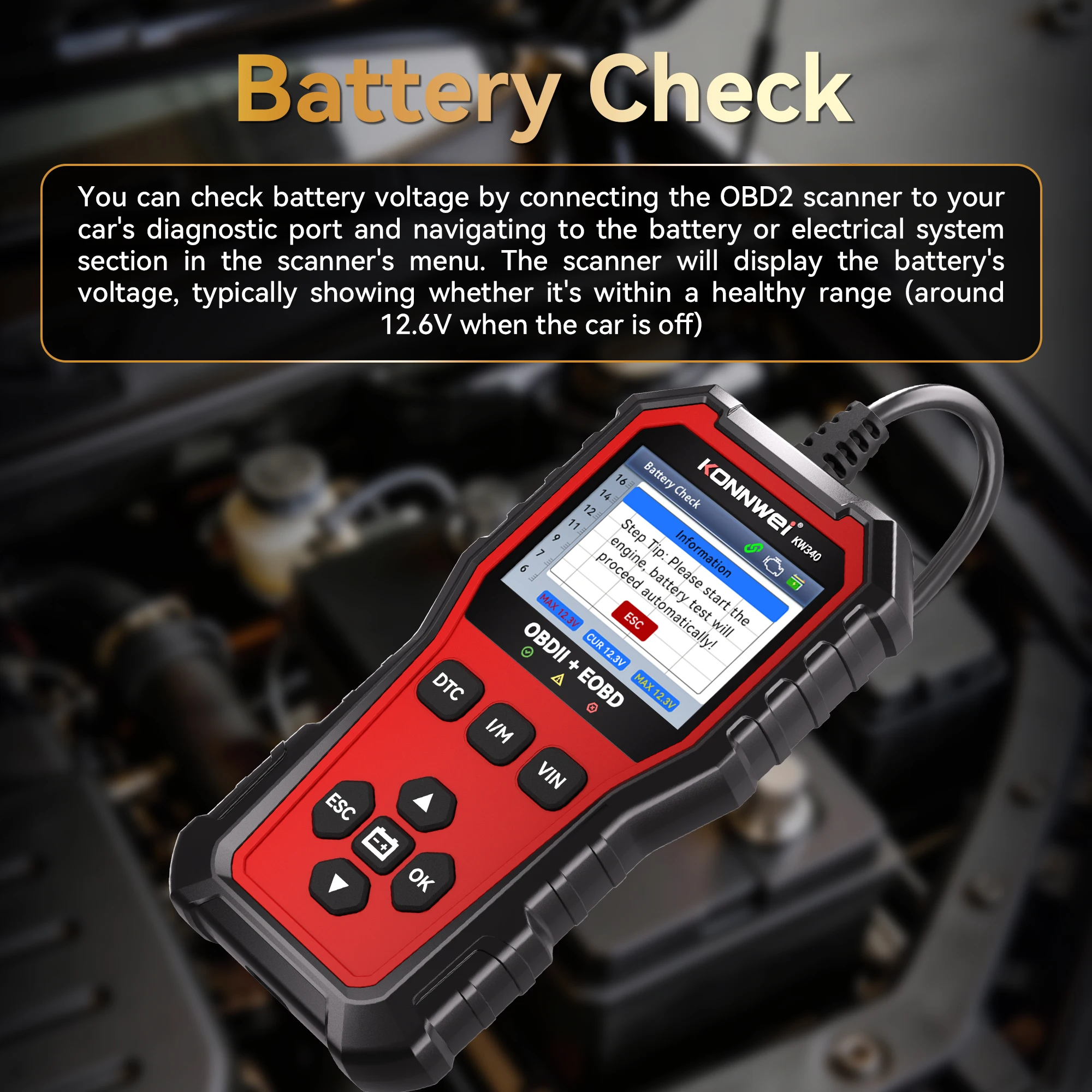 KONNWEI Car OBD2 Scanner KW340, CAN EOBD Diagnostic Tool with Engine Battery Test Fault Code Reading Clearing and Real Time Data 2026 - Image 4