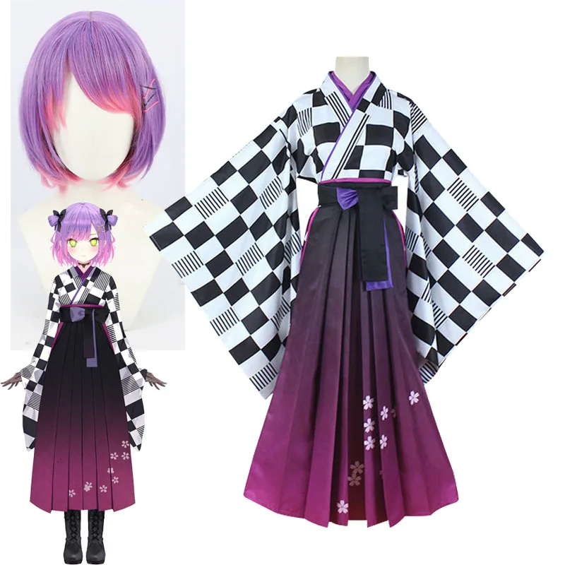 

Tokoyami Towa Cosplay Kimono Sets Hololive VTuber Costume YouTuber Women's Wig Purple Mixed Pink Short Hair
