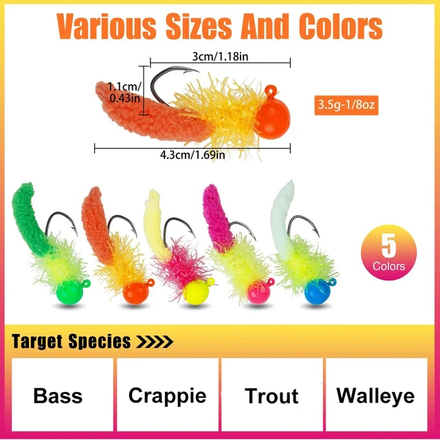 10Pcs Crappie Jigs Fishing Lures with Feather Maggot Baits Crank