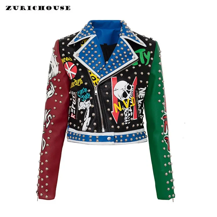 Rivets Motorcycle Leather Jacket for Women 2024 Trend Punk Style Graffiti Print Contrast Stitched Faux Leather Cropped Jacket