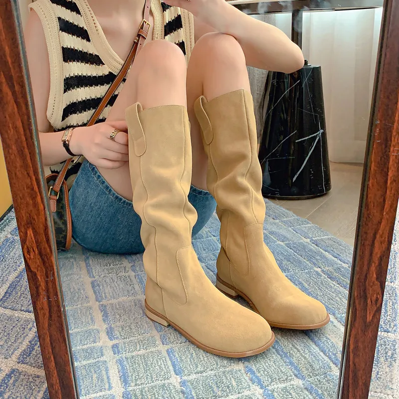 

Size 40Spring Autumn Woman Boots Slip On Winter Simple Pleated Shoes Cow Suede Botas Korea Concise Style Med-Calf High Boots INS