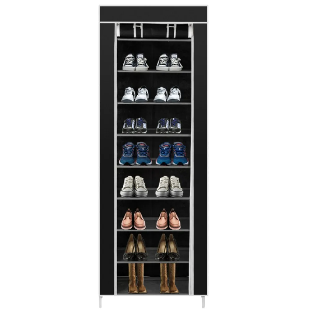 Room-saving 10-Layers 9 Lattices Non-woven Fabric Shoe Rack Black 2
