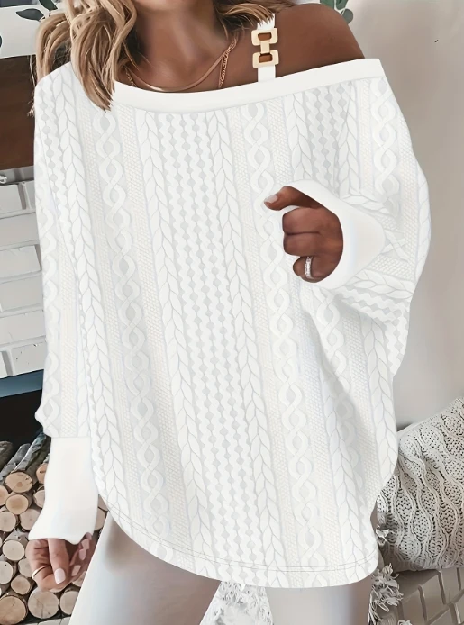 

Fashion Woman Blouse 2023 Spring Metal Buckle Diagonal Shoulder Casual Solid Color Long Sleeved Knitted Loose Daily Pullover Top