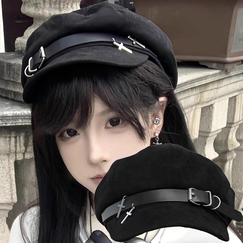 2025 Punk Women Harajuku Gothic Lolita Beret Hat Cap Y2K Girls Bow Punk Lace Handmake Decorative Sun Hats with Cross Pendant
