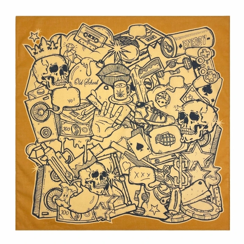 Retro Skull Pattern Bandana Head Scarf for Women Male Square Turbans Head Scarf Lightweight Yellow Street Hip Hop Headscarf 6