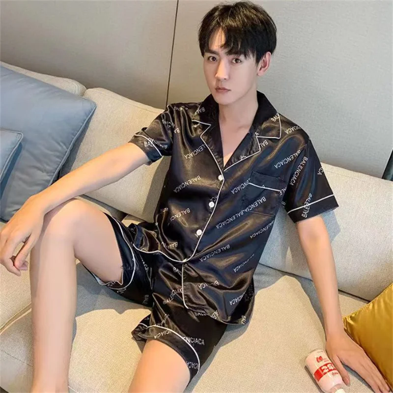 Summer Men's Pajamas Milk Silk Short Sleeve Printed Cardigan Shorts Casual Loose Home Clothing Set