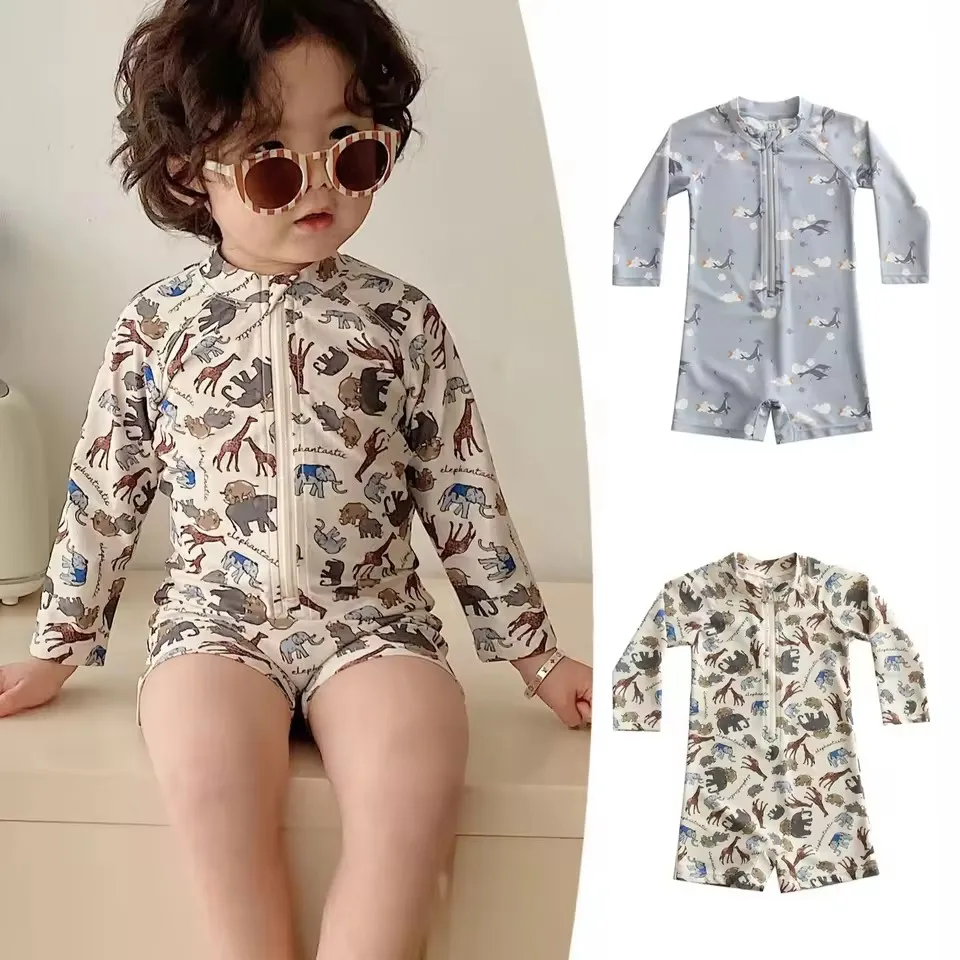 Children Swimwear Baby Boys Short Sleeve One Piece Suit Lovely Sun-proof Beach Swimsuit Zipper Maillot De Bain Femme