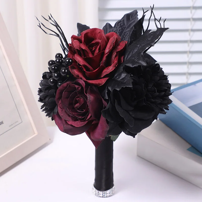 Bouquet da sposa gotici neri e bordeaux per damigelle, fiori artificiali in seta e schiuma, decorazione per la casa, studio fotografico per matrimoni - Image 5