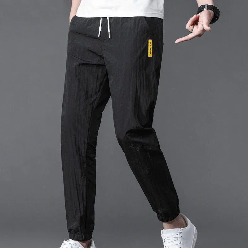 

Silk Pants Ice Points Trendy Men Waist Men's Nine Trousers New Casual Dry Slim Thin Drawstring Sports Elastic Quick Summer
