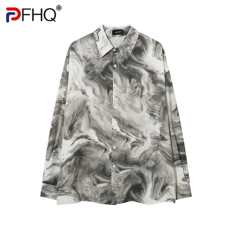 

PFHQ Men's Spring Handsome Tie Dyed Tops Long Sleeved Haute Quality Contrast Color Single Breasted Abstraction Shirts 21Z3747