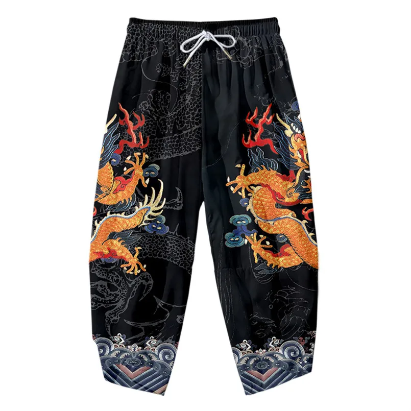 Japanese Kimono Pants Women Men Samurai Dragon Print Harem Pants Loose Elastic Waist Chinese Style Cosplay Trousers 3