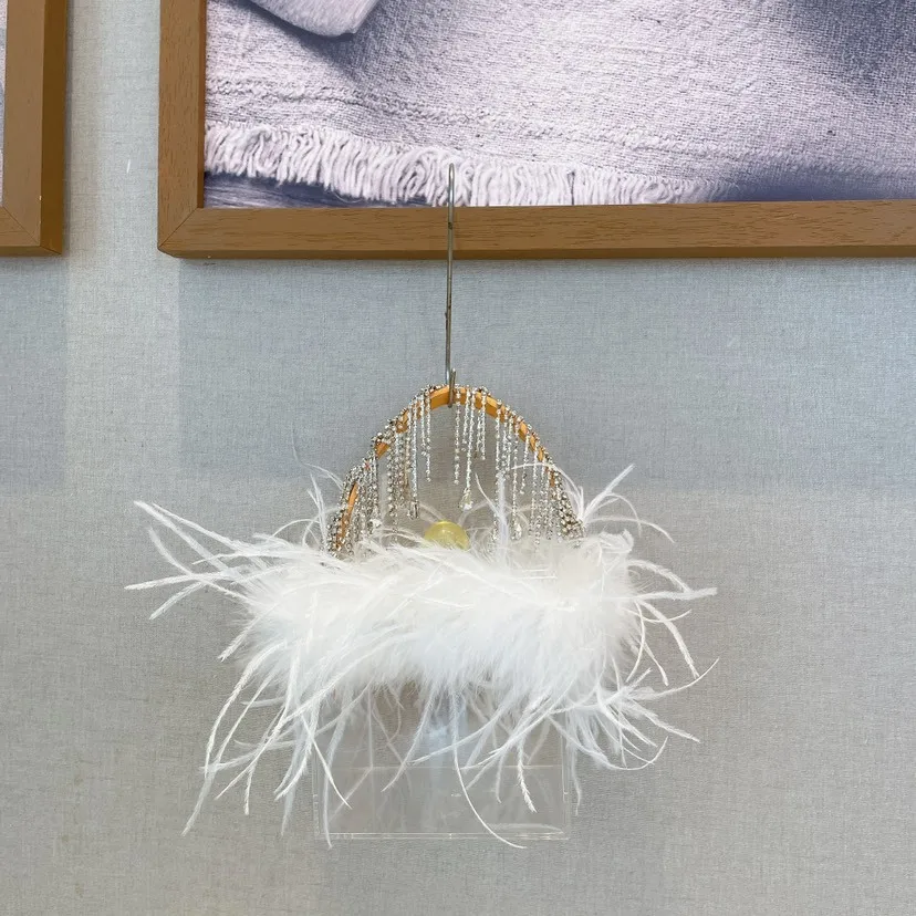 Transparent Acrylic Clutches Fashion Luxury Pink White Feather Rhinestone Tassel Box Evening Bag For Women Wedding Party Handbag