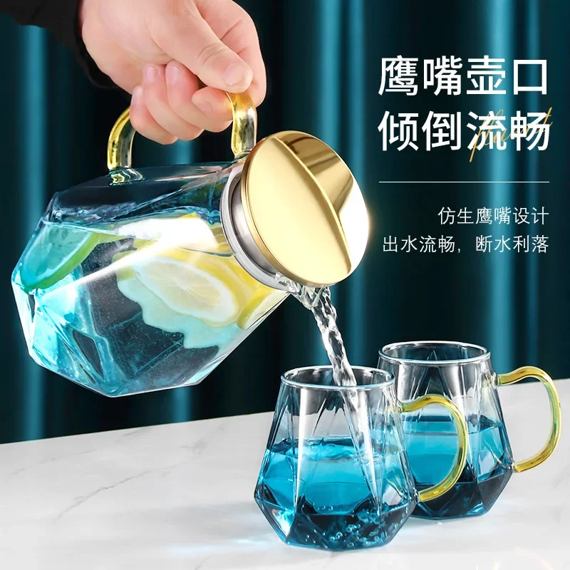 Heatable Gradient Glass Water Jugs Pitcher Cups Stainless Steel Stand Storage Tray Cold Hot Drinks Kettle Diamond Drinkware Set
