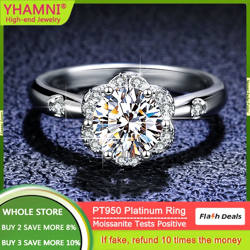 

YHAMNI Luxury Eternal PT950 Platinum Ring Elegant Flower Bud 1 Carat VVS1 D Color Moissanite Diamond Wedding Rings for Women