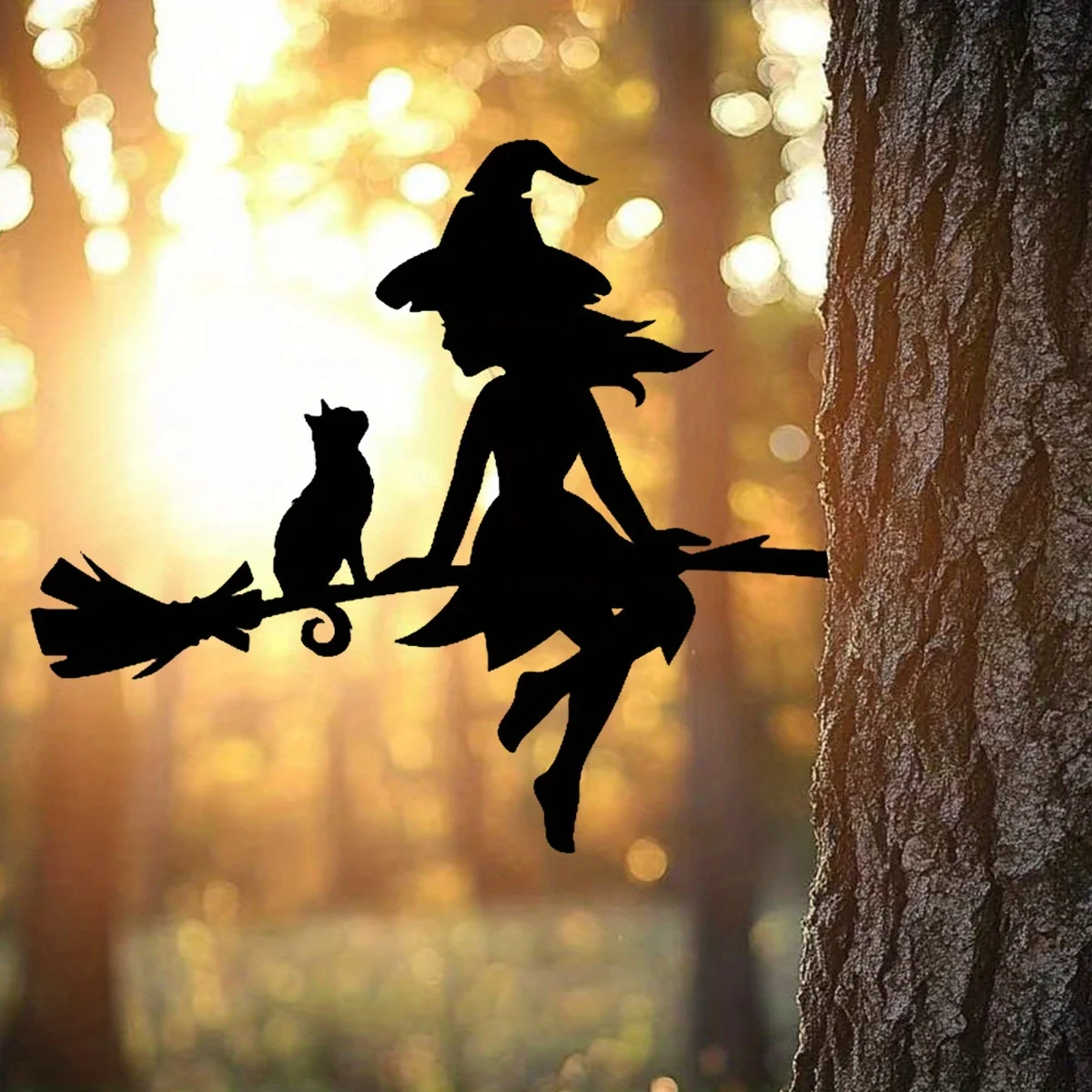Enchanting Witch & Cat Garden Decor - Durable Iron Art with Flying Broomstick, for Halloween & Outdoor, Outdoor Garden Decor 4