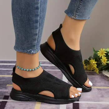 New Summer Fashion Comfortable Round Toe Thick Sole Solid Color Casual Sports Shoes Mesh Breathable Open-toe Sandals for Women 1