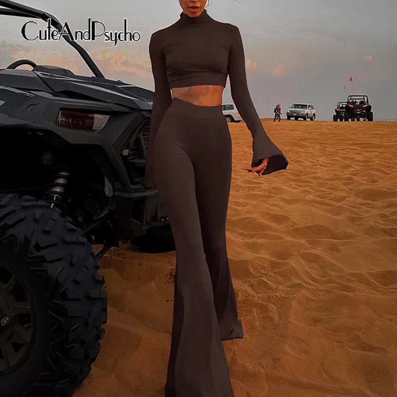 

Cuteandpsycho Casual Solid Tshirts Two Piece Chic Full Length Flare Pants Suits Vintage Half High Collar Long Sleeves Tops Sets