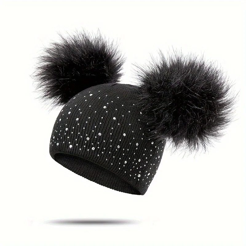 Double Haired Ball Children's Hat, Cute Girls' Diamond Inlaid Pullover Hat, Knitted Winter Hat