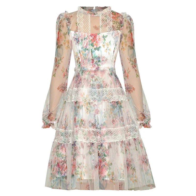 

Fashion Runway Summer Women Elegant Floral Print Long Sleeve Mesh Holiday Party Dresses