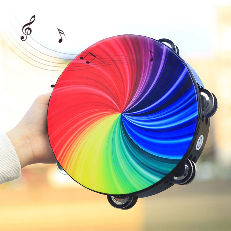8 Inch Rainbow Tambourine Wooden Handbell Early Education Percussion Instrument with Double Row Jingles for Children Boys Girls
