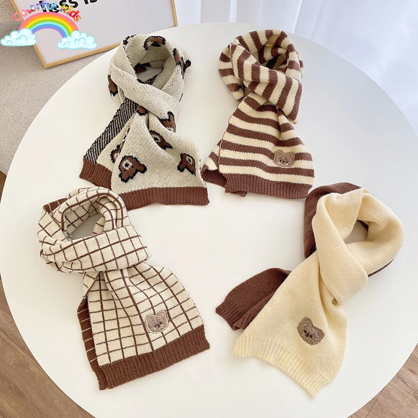 

INS Korean Autumn and Winter Warm Children's Scarf Cute Striped Checkered Bear Knitted Scarf Girl Boy Warm Wool Shawl Neck