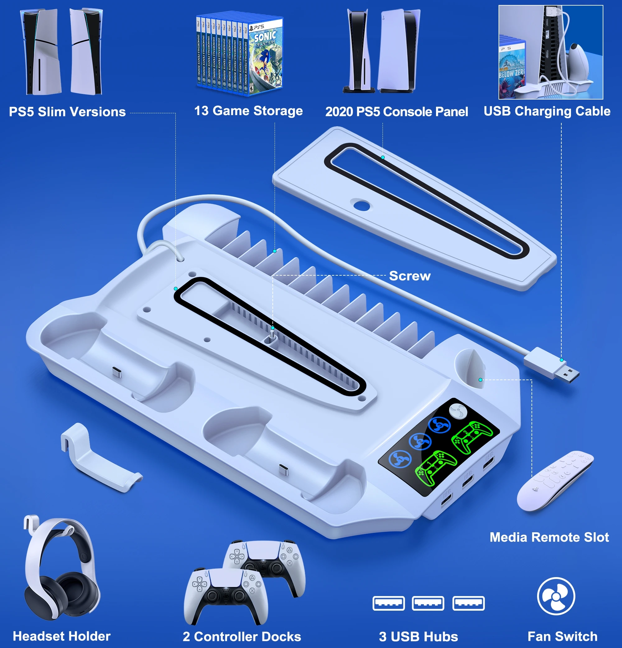 BEBONCOOL S6000 쿨링 팬 및 듀얼 컨트롤러 충전 스테이션 (2023 PS5 슬림/2020 PS5 디스크&디지털 에디션 콘솔용)