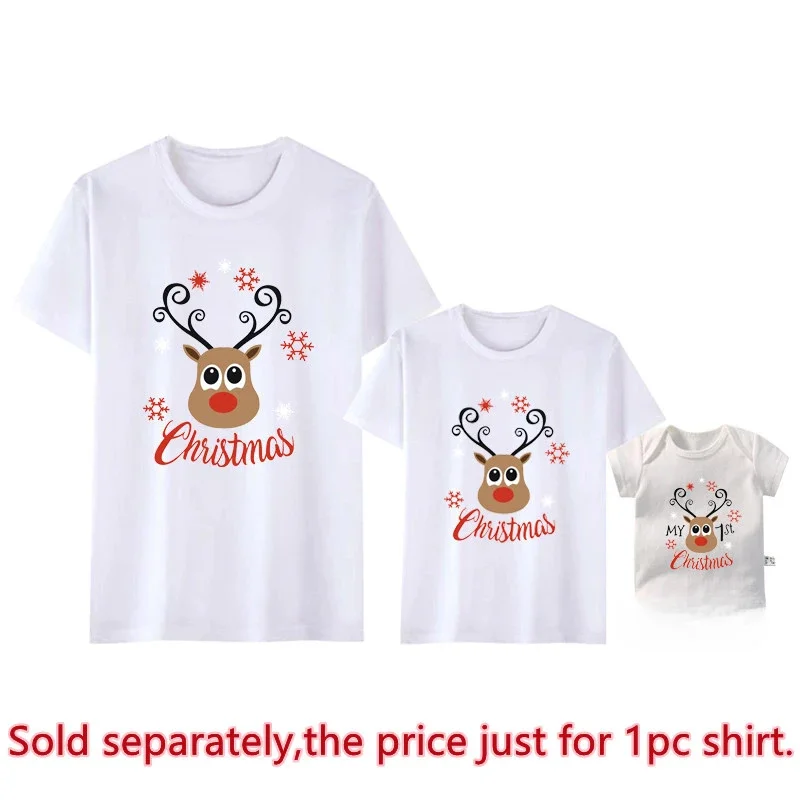 Nuevas camisetas navideñas familiares de renos, camisetas de algodón con apariencia familiar a juego para papá, mamá, niños, peleles para la primera Navidad del bebé, ropa