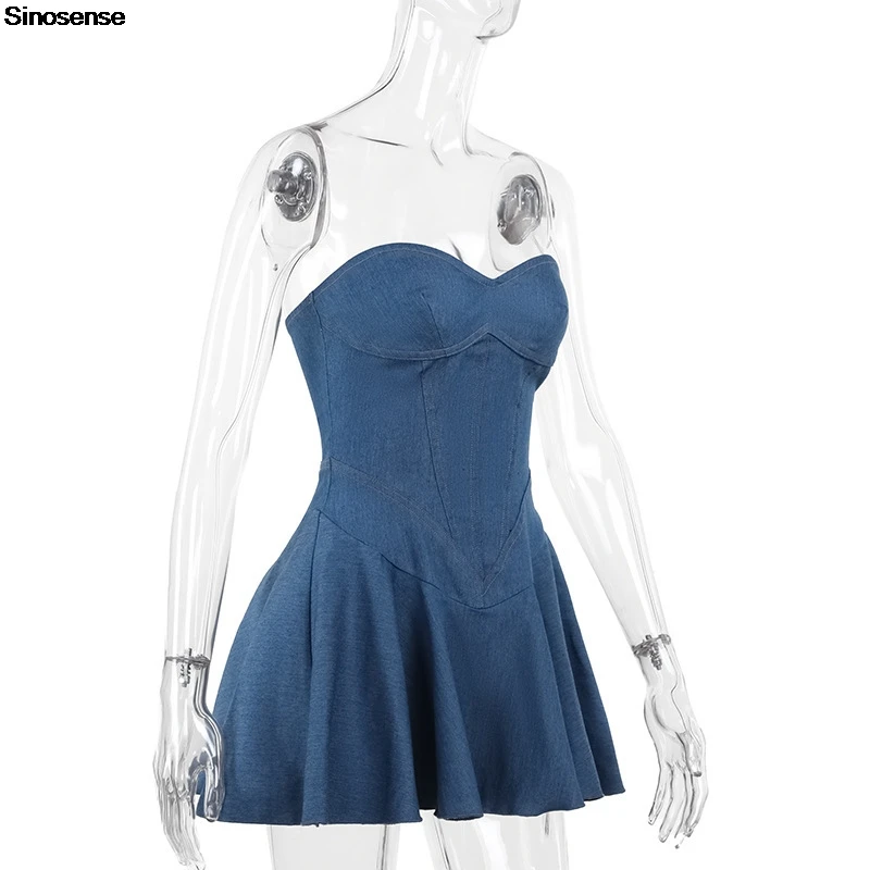 Women Denim Tube Dress Sexy Strapless Backless Slim A Line Jeans
