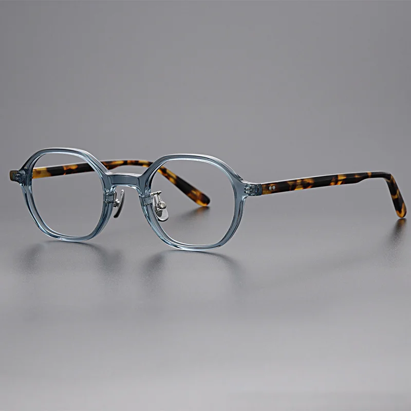 Designer Brand Japanese Handmade Clear Blue Polygonal Acetate Glasses