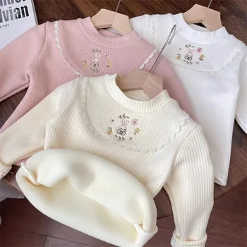 Winter Girls Warm Pullover 2-8 Years Old Children Plush Half High Collar Top Girl Embroidered Knitted T-shirt 1