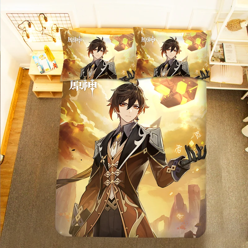 Beelzebul Genshin Impact Keqing 3PCS Duvet Cover Sets Cartoon Bedding Children Room Pillow Case 