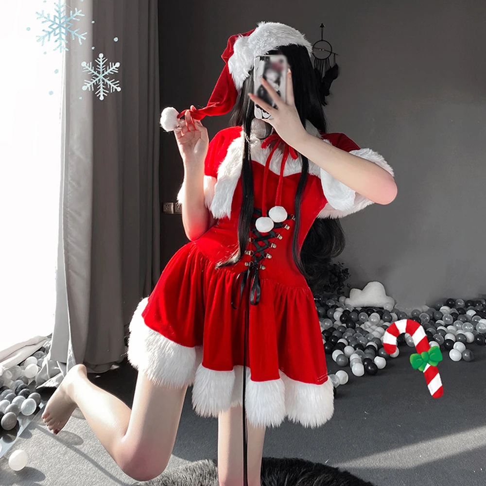 

Women Christmas Santa Claus Xmas New Year Lady Cosplay Costume Sexy Winter Strapless Dress Cape Cloak Role Play