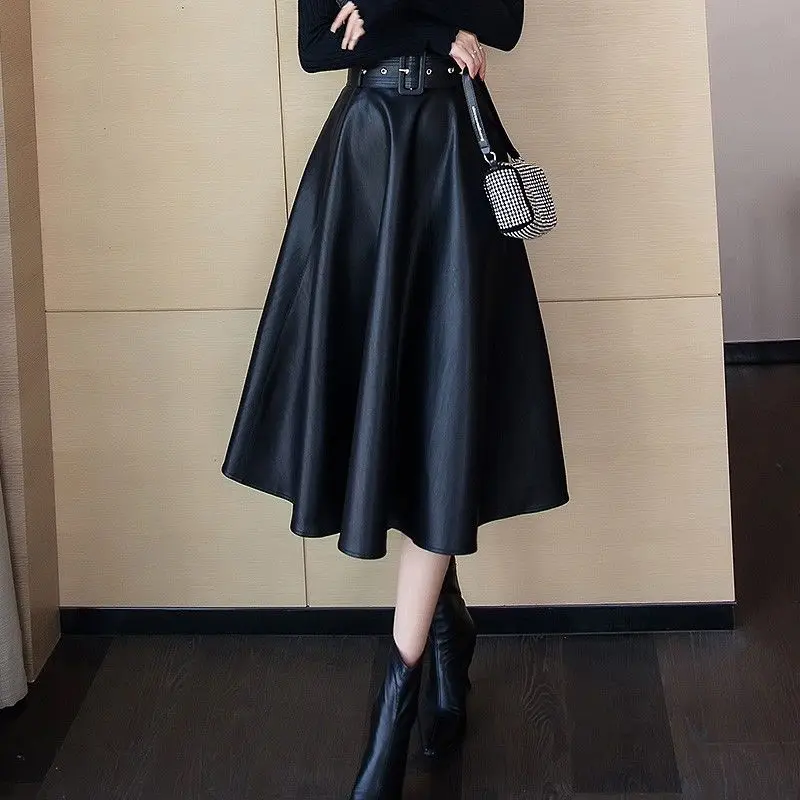 Leather half body mid to long length, 2024 spring slim, big swing A-line high waist umbrella autumn and winter half skirt