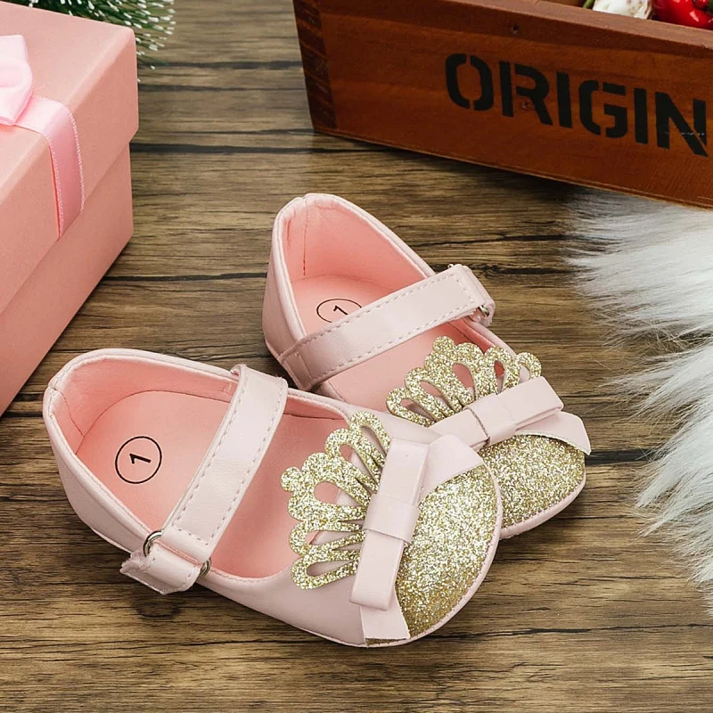 Baby shoes Infant baby girls shoes Fashion Crown princess Non-slip Rubber shoe Soft-sole Flat PU First walker Birthday shoes