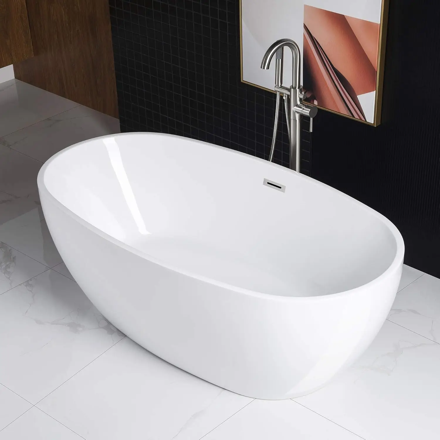 67 inch Acrylic Freestanding Bathtub Contemporary Soaking White Tub with Brushed Nickel Overflow and Drain Easy clean 5