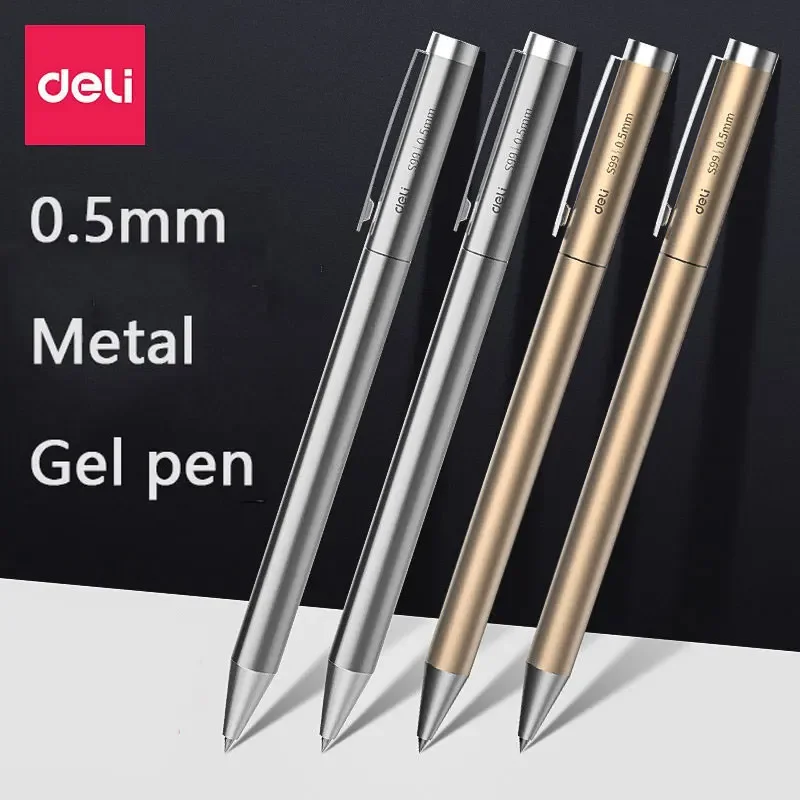 7pcs Metal Gel Pen Set 0.5mm Deli Roller type Black Ink Ballpoint Pen Replaceable Refill School Stationery Office Supplies 2