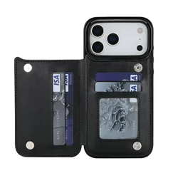 Premium Sleek Leather Wallet Phone Case with Kickstand and Card Slots - Shockproof Protection Cover - iPhone 17 Pro (Black)