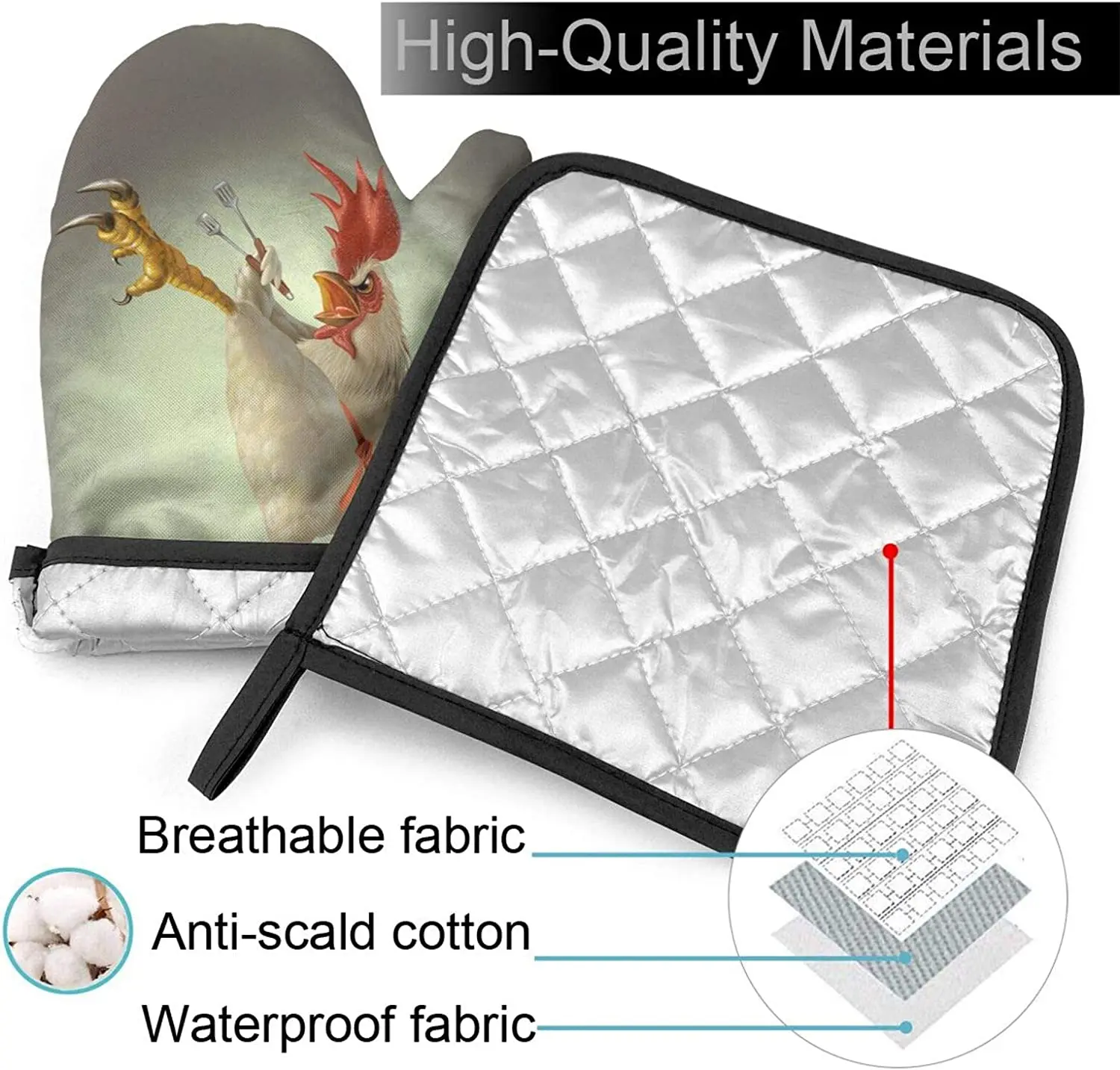Funny Chicken Oven Mitts and Pot Holders Sets Heat Resistant Kitchen Non-Slip Printed Grip Oven Gloves for Microwave BBQ Cooking