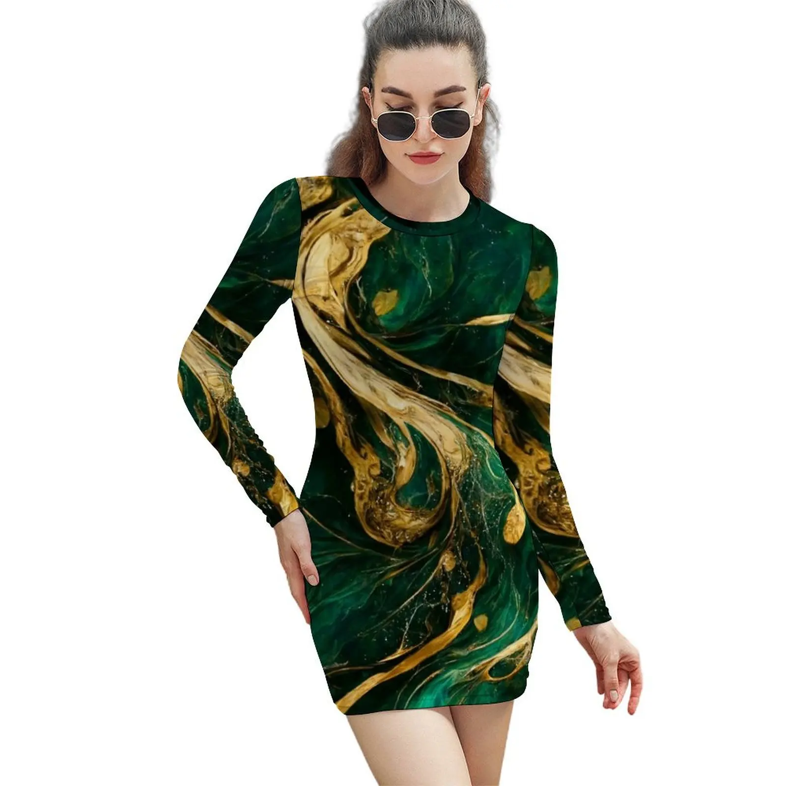 

Forest Green and gold Long-Sleeved Sheath Dress long dress women prom dresses beach outfits for women