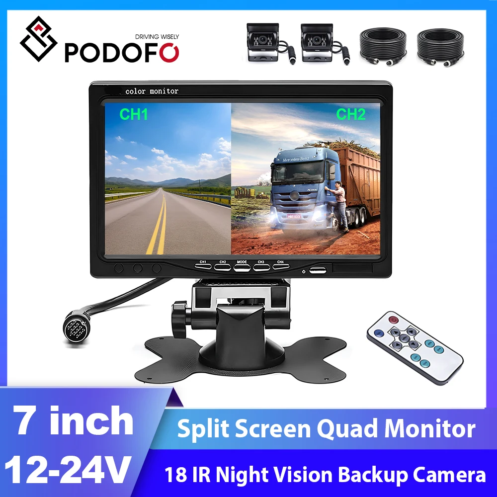 

Podofo 4 Split Screen 7" Inch Car Monitor IP 68 Waterproof Camera Headrest monitor 4 Channels input Use for Truck Bus Trailer/RV